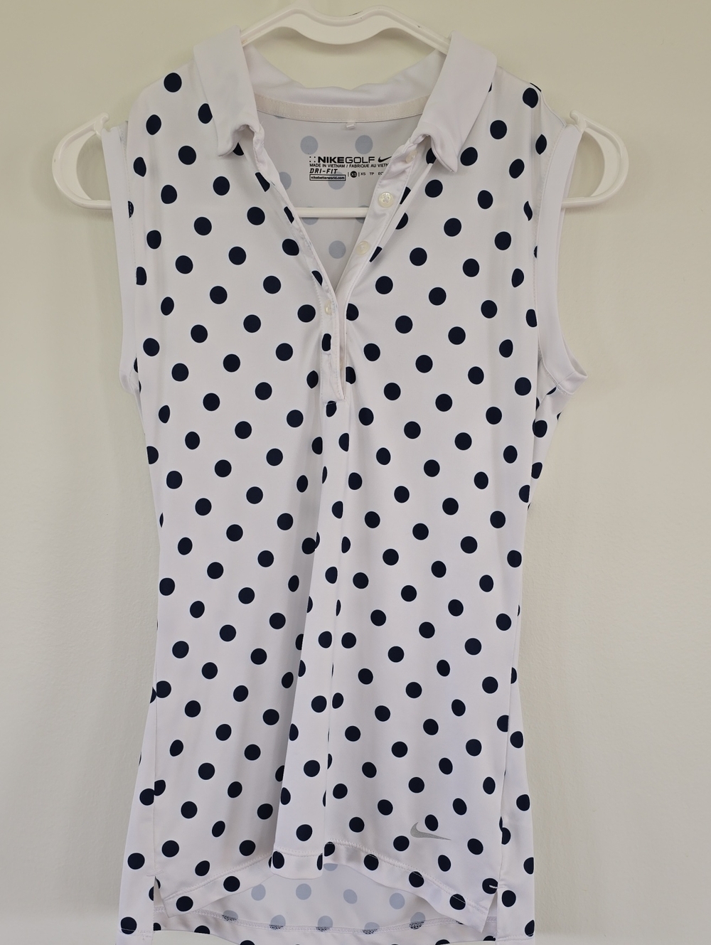 Nike Golf Dri-Fit Sleeveless Polo with Navy Polka Dots on White